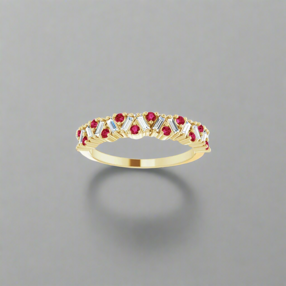 
                      
                        The Eloise Gemstone and Diamond Scattered Ring by Pear is showcased against a gray background, featuring an elegant and striking design with alternating red gemstones and clear diamonds.
                      
                    