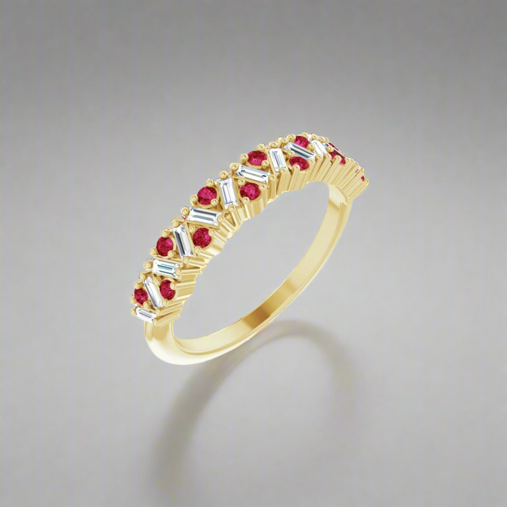 
                      
                        The Eloise Gemstone and Diamond Scattered Ring by Pear. showcases a sophisticated design with an alternating pattern of red gemstones and clear baguette-cut diamonds, all set against a neutral gray backdrop.
                      
                    