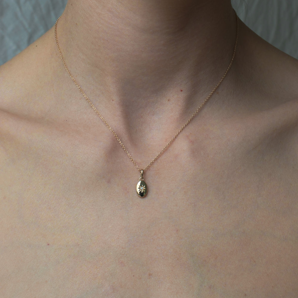 
                      
                        A close-up photo of a person's neck showcases the elegant Astrid Necklace by Pear. The 14k gold pendant, an oval adorned with a delicate diamond star, hangs gracefully at the center of the collarbone against a neutral, light-colored backdrop.
                      
                    