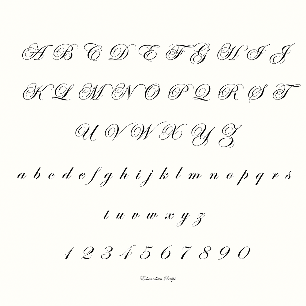 
                      
                        Elegant cursive alphabet displaying uppercase and lowercase letters along with numbers 1 to 10, in a calligraphy style font. The text is showcased on a plain white background, evoking the artistry found in Pear's Oval Locket.
                      
                    