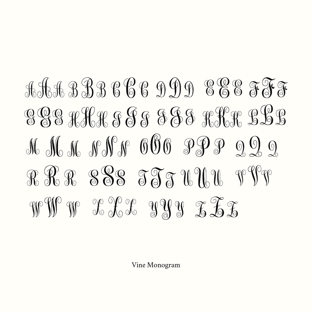 
                      
                        A decorative chart showcasing an array of uppercase monogram letters in a vine-like, ornate font style. Each letter boasts intricate, swirling designs that evoke the look of Pear's Petite Round Signet Ring. The text "Vine Monogram" is printed beneath the chart.
                      
                    