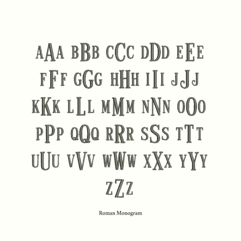 
                      
                        An alphabet chart titled "Roman Monogram" displays three-letter combinations for each letter from A to Z. Each combination showcases the letter in uppercase, lowercase, and uppercase formats. Crafted by Pear, the Petite Round Signet Ring features these letters in a classic serif Roman font, making it ideal for engraving.
                      
                    