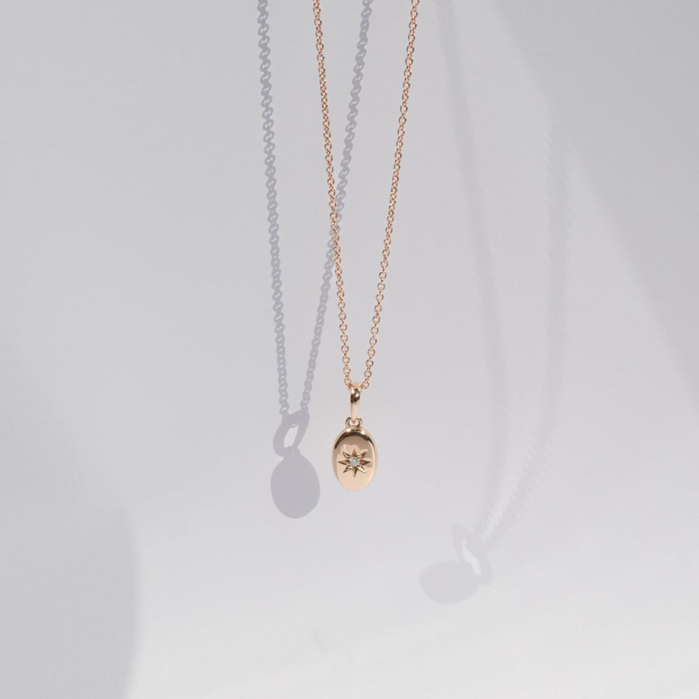 
                      
                        A delicate gold necklace from Pear's Astrid Necklace collection hangs gracefully against a white background. The 14k gold pendant, oval in shape, is accented with a diamond star design at its center and casts a soft shadow. The overall aesthetic is minimalistic and elegant.
                      
                    